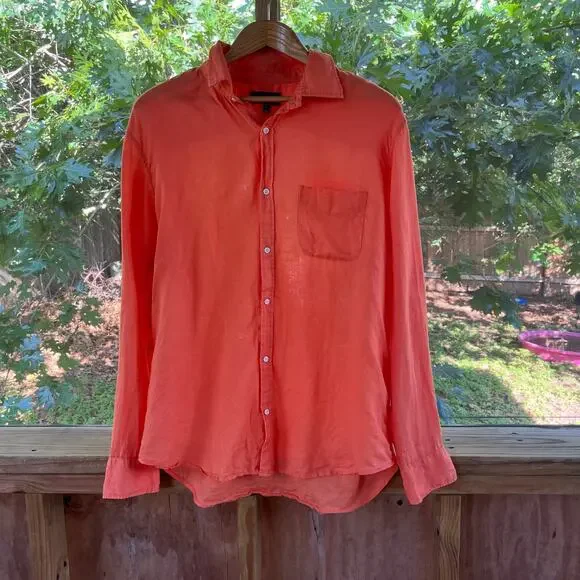 Vince Men's 100% Linen Orange Button Down Shirt Size L - Picture 1 of 9